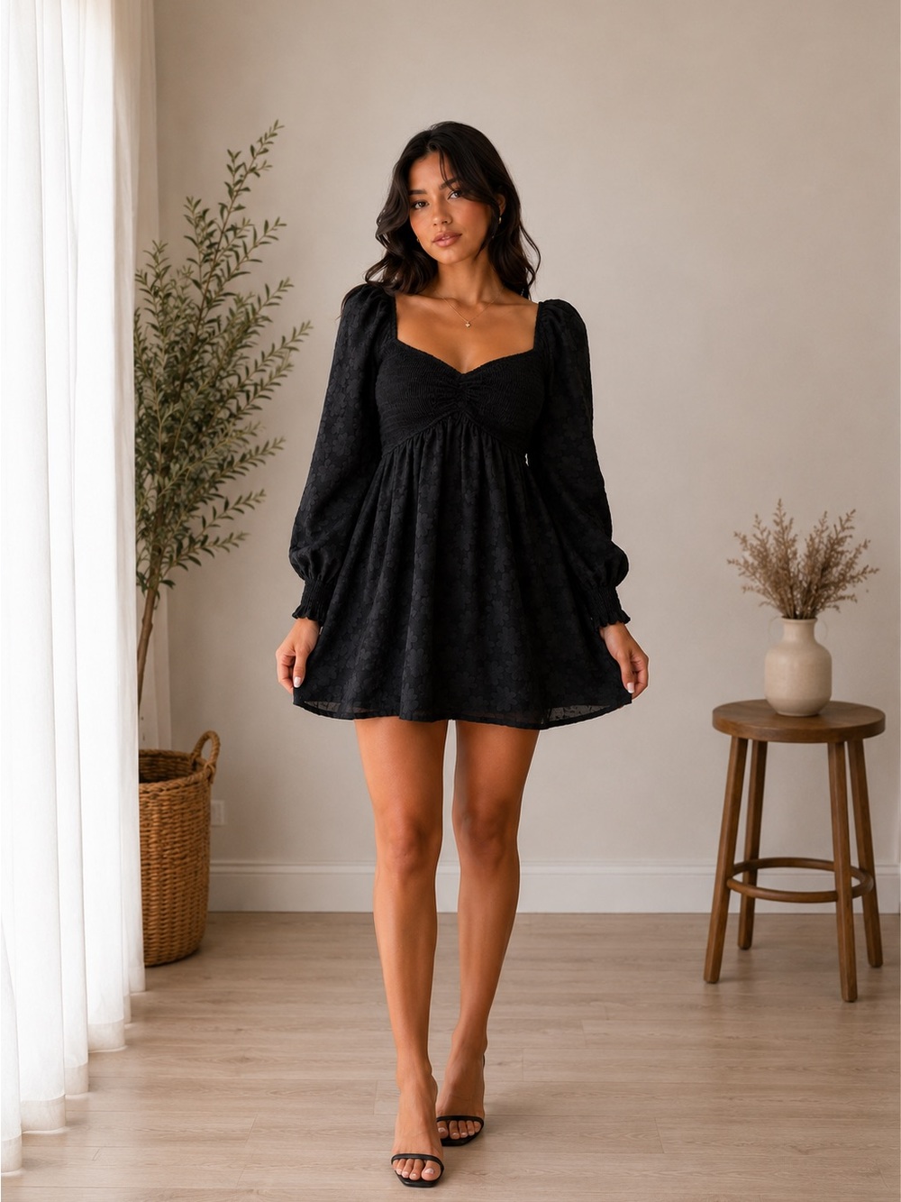 Thirty Thirty Black Smoked Puff Sleeve Floral Mini Dress| Cottage core Boho